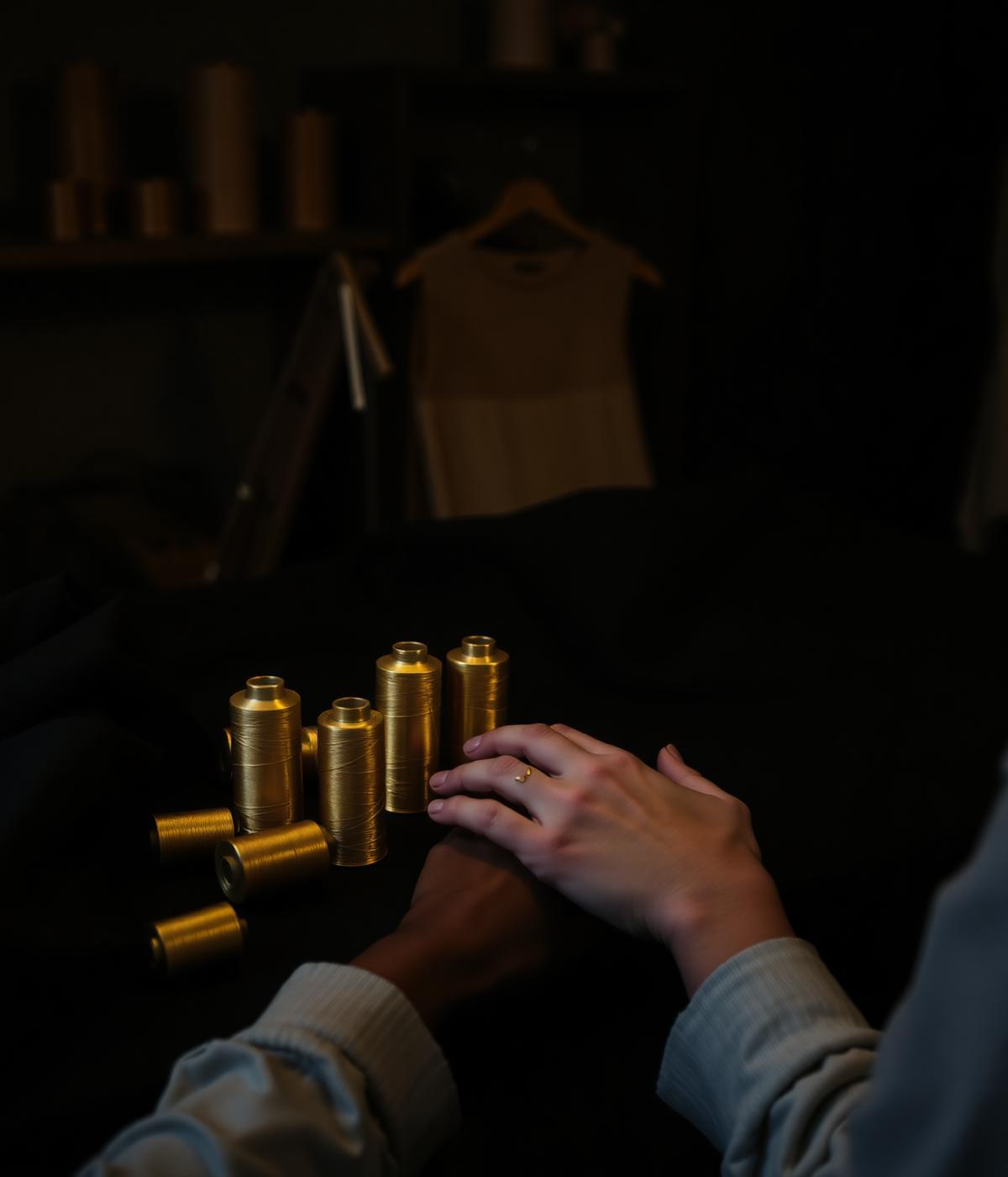 Gold thread spools on a dark atelier workbench
